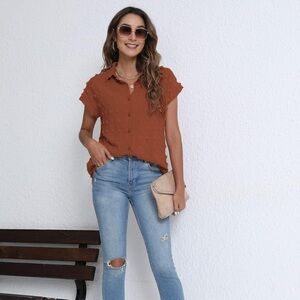 BOTHENIAL Women Orange Rust Button Down Shirt Dressy Top Chiffon Blouse XL